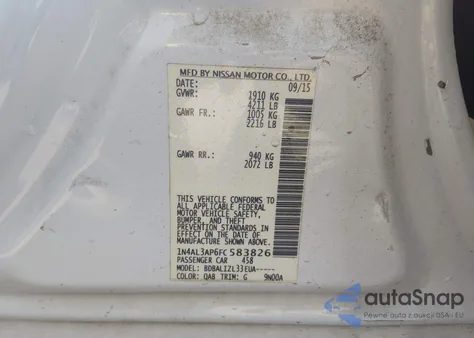 2015 Nissan Altima 2.5/2.5 S/2.5 Sl/2.5 Sv z USA, uszkodzony, nr VIN 1N4AL3AP6FC583826